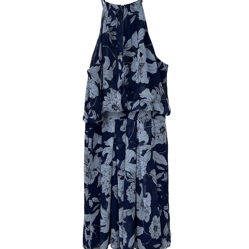 Eliza J Navy Blue Floral Halter Neck Blouson Pleated Chiffon Dress Size 8 - Picture 3 of 7